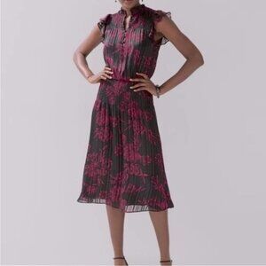 WHBM Floral Red/Black Metallic Stripe Smocked Waist Ruffle Midi Dress Sz S